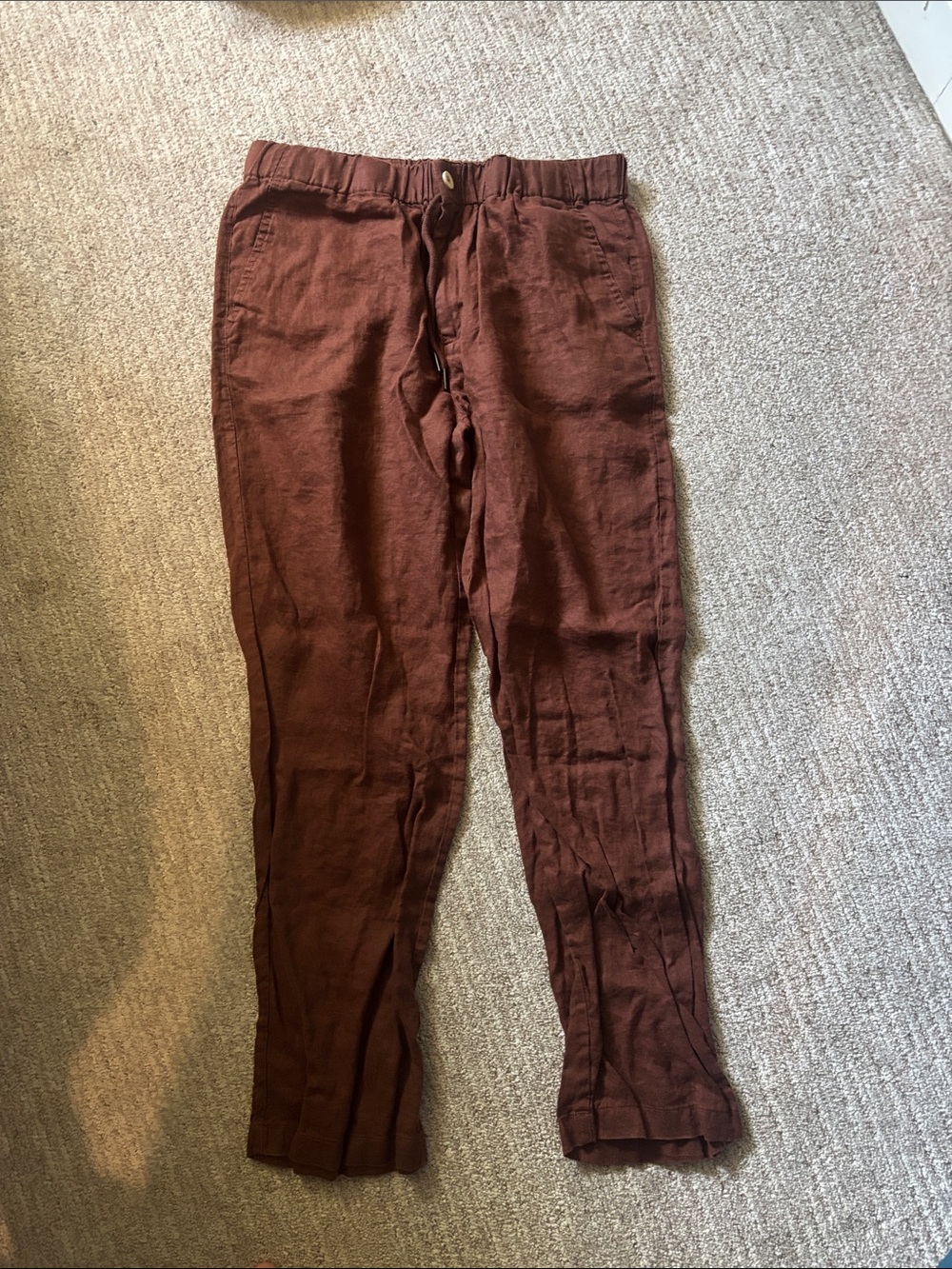 Quince Men's Drawstring Linen-Blend Chinos — Deep Brown brick red